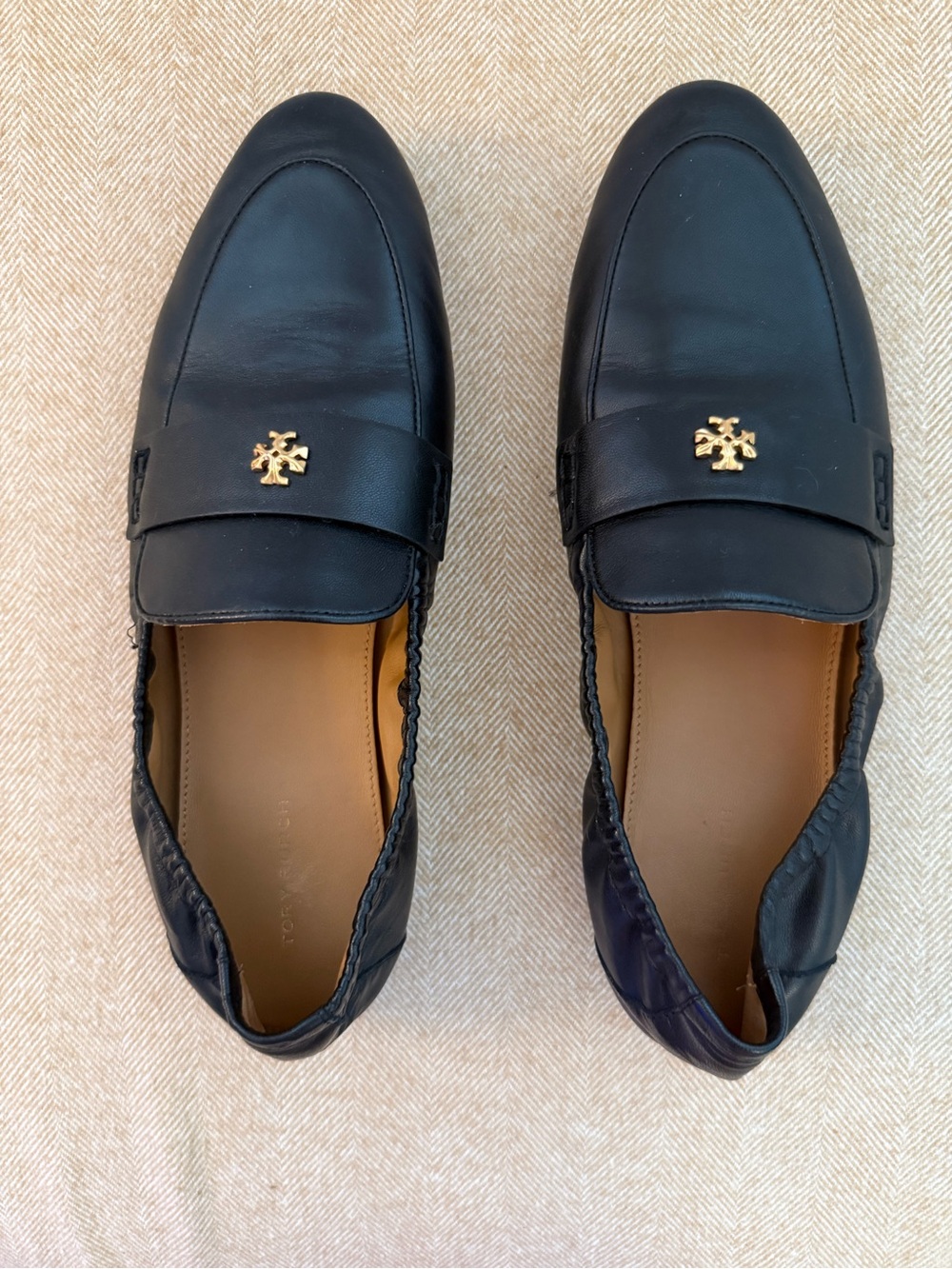 Tory Burch Black Leather Ballet Loafers with Gold Logo W Size 9 1/2